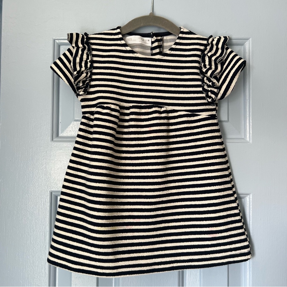 Zara Baby Black and Cream Striped Dress, 2-3Y